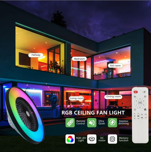 Smart RGB LED Ceiling Fan Light with Remote & Bluetooth App Control – Modern Ceiling Lamp