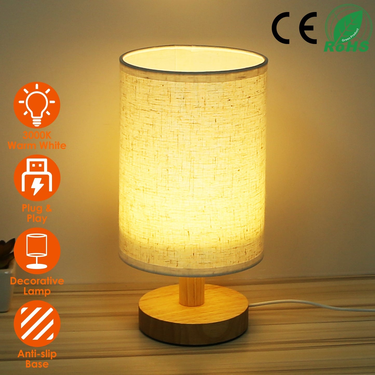 Warm White Bedside Lamp – Modern USB Plug Night Light for Cozy Bedrooms